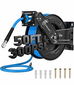 Retractable Air Hose Reel, 50 ft x 3/8 in Hybrid Air Hose Max 300PSI, Heavy Duty Air Compressor Hose