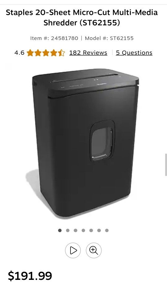 Staples Commercial Grade 20 Count Paper Shredder