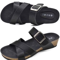 Women's Platform Sandals,Fashion Criss Cross Open Toe Beach Cork Wedge Sandals-Summer Slip-on Leather Flatform Sandals with Rubber Soles Size 10