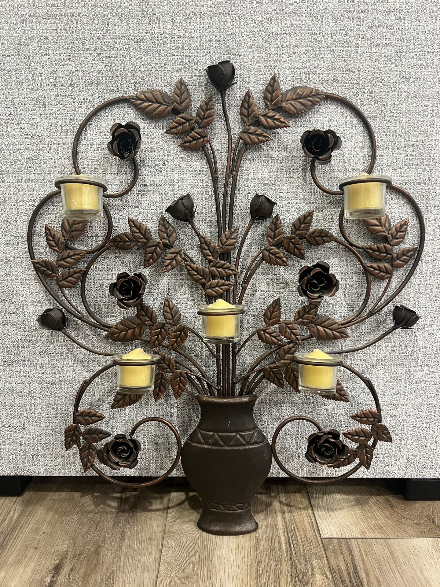 Wrought Iron Rose Wall Sconce Candle Holder 5 Tea Light Glass Votive Decor 25”