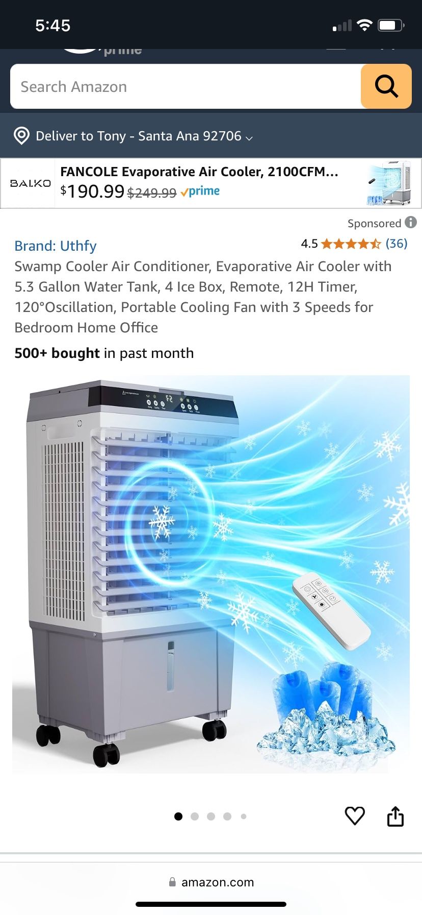 Swamp Cooler Air Conditioner, Evaporative Air Cooler with 5.3 Gallon Water Tank, 4 Ice Box, Remote, 12H Timer, 120°Oscillation, Portable Cooling Fan w