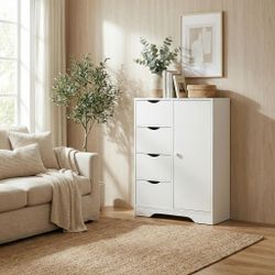 COLIN 21.8” White Storage Cabinet with 4 Drawers and a Door