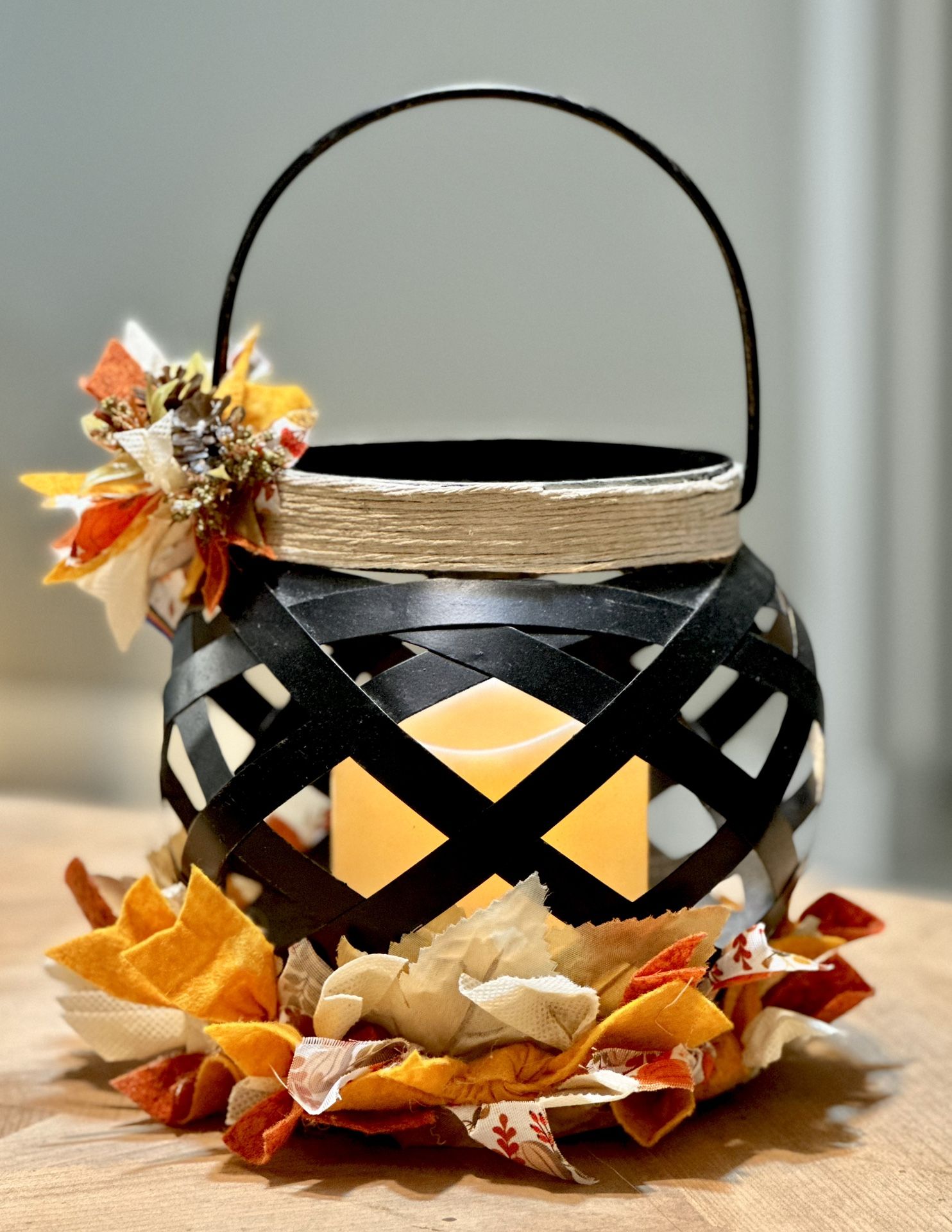 Handmade Rustic Lantern with Fall Leaves Ribbons – Battery Operated Candle Autumn Centerpiece