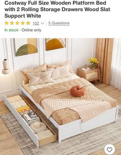 y Full Size Wooden Platform Bed with 2 Rolling Storage Drawers