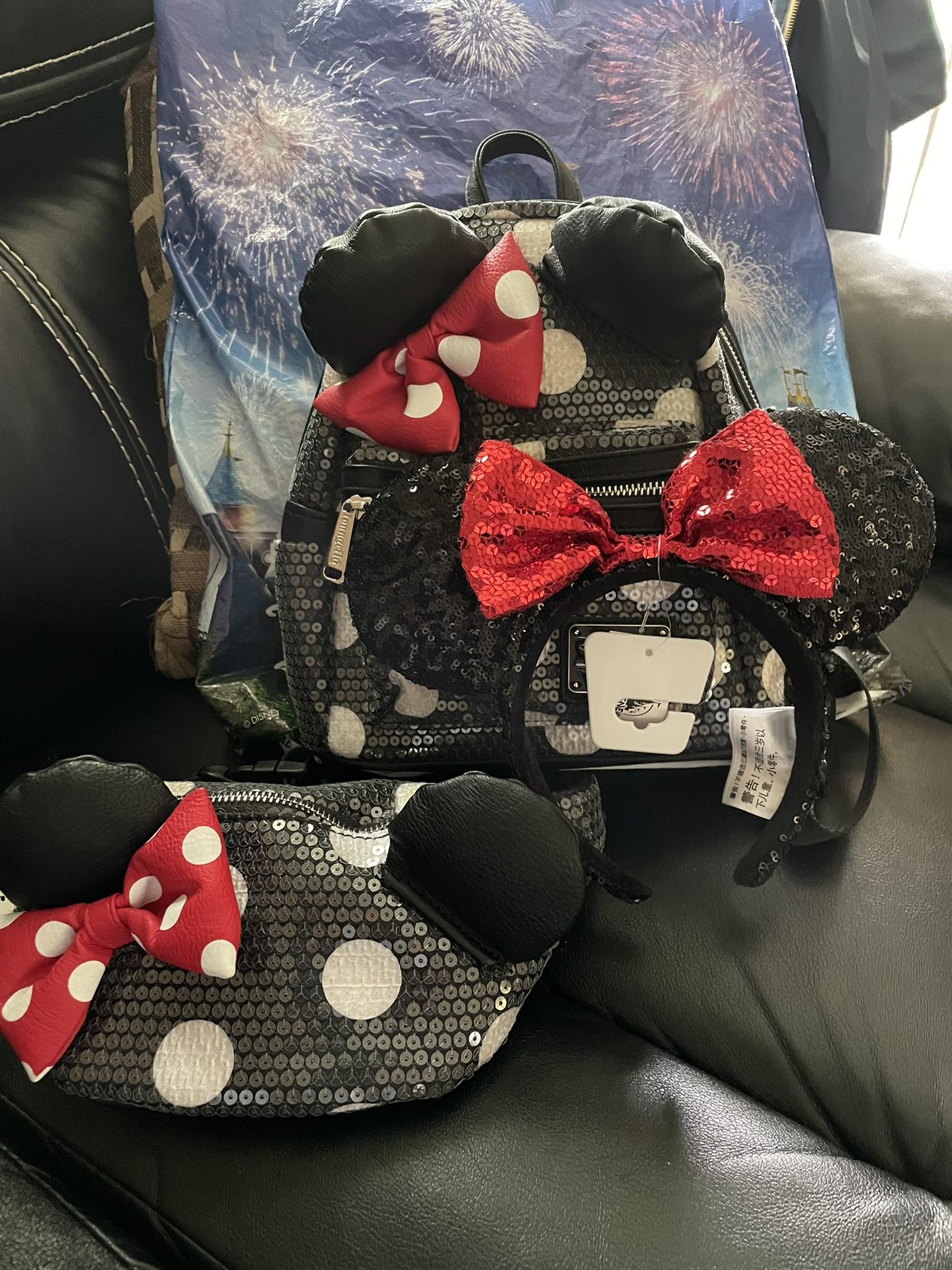 Loungefly Disney Parks Black Sequin Polka Dot Mini Backpack, Disney Parks Loungefly Sequin waist bag Fanny Pack Minnie With Ears Polka Dot and Disney 