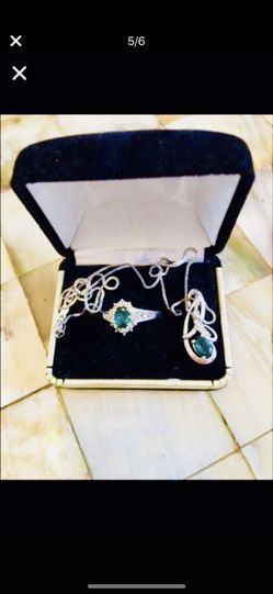 Emerald and diamond pendant necklace and ring set
