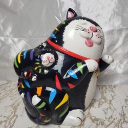 Vintage Ceramic Striped Cat/ Kitten Cookie Jar 