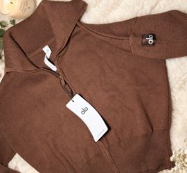 Alo Yoga Brown Knit Scholar Full Zip Sweater Jacket