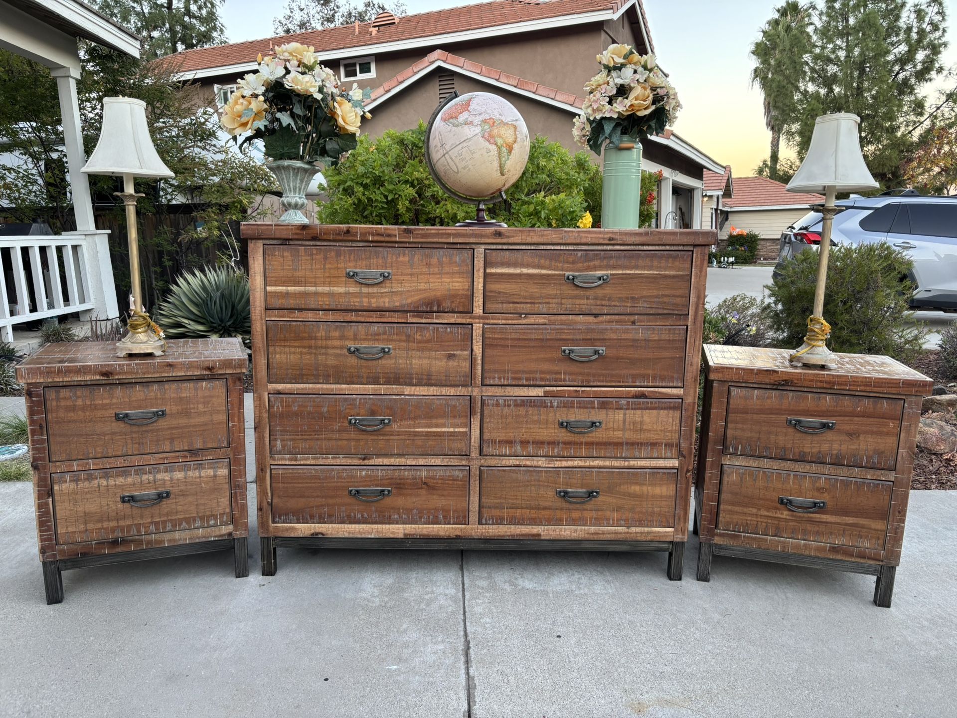 Ashley Solid Distressed Wood 12 Drawer Dresser Chest of Drawers and Nightstand Furniture Set Excellent Condition Originally $2,800