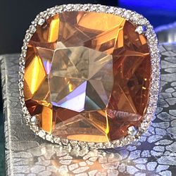 Vintage Sterling Silver Large Citrine Color Halo CZ Cushion Ladies Cocktail Ring