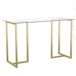 Martha Stewart Eli Home Office Glass Top Desk with Polished Brass Metal Frame