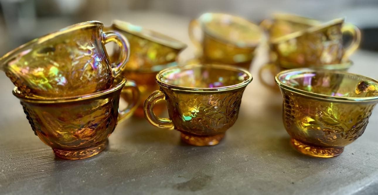 Vintage Orange Marigold Carnival Glass Tea Cups
