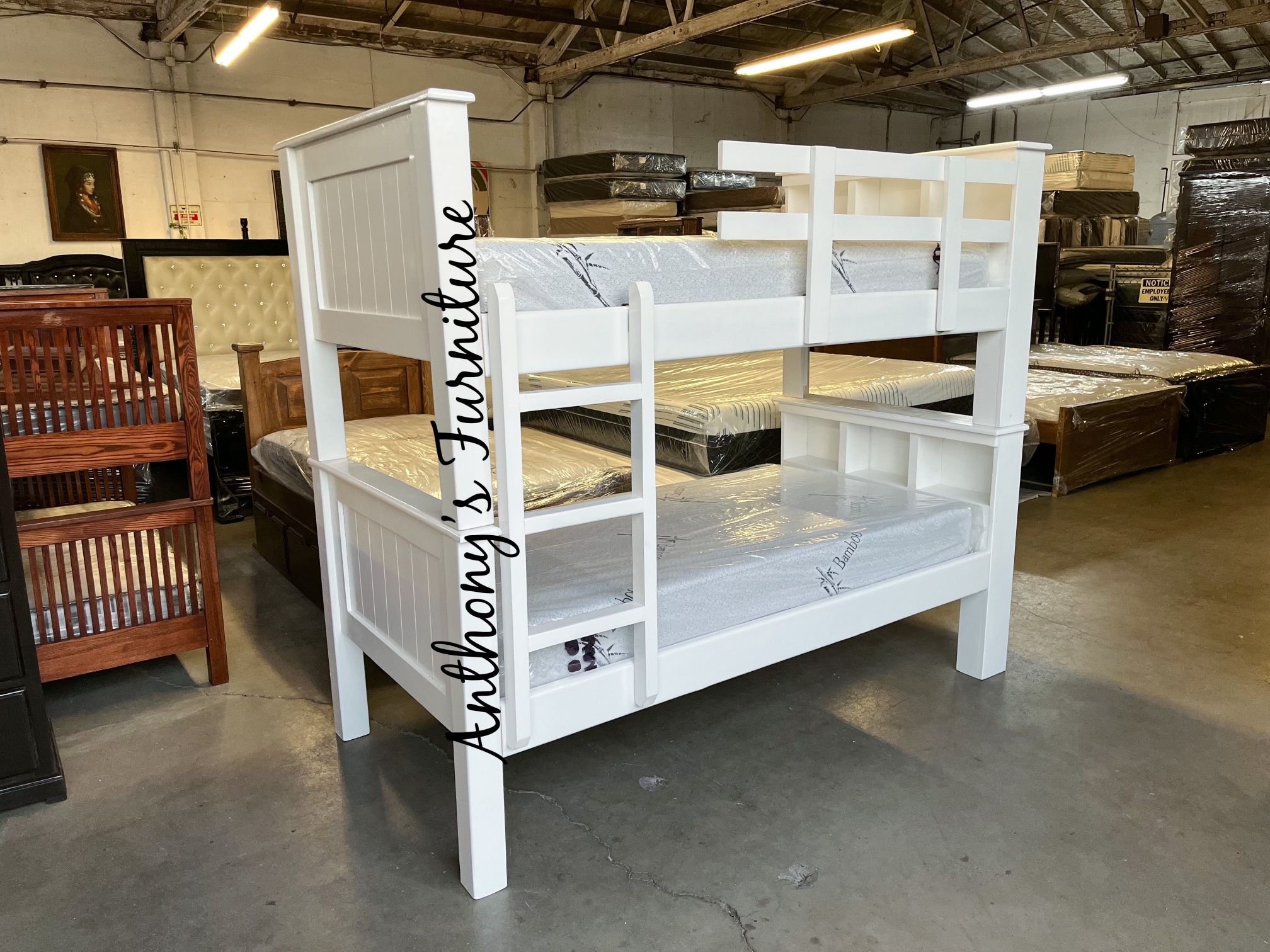 White Twin Over Twin Bunk Bed With Foam Mattress 