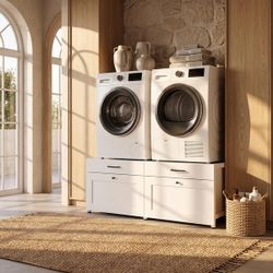 Laundry Room Cabinet with 2 Drawers, Double Metal Tray Top, Adjustable Feet, White Laundry Organizer