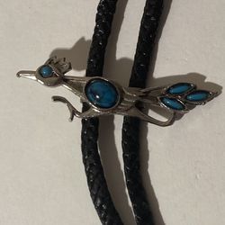 Vintage Bolo Tie Silver And Turquoise Roadrunner  Thumbnail