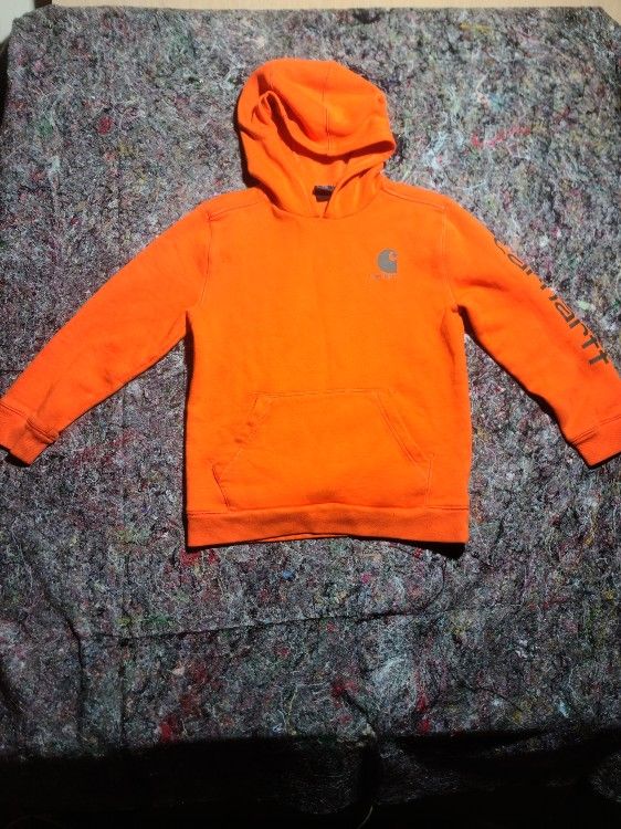 BOYS LARGE (10-12 M) - Carhartt Logo Sleeve Hooded Sweatshirt Hoodie Orange