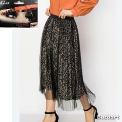 SZ 1x Leopard Chiffon Pleated Skirt New W/ Limited Edition Kiss Eye Shadow