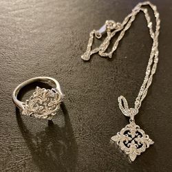 Fleur-de-lis Diamond And Sterling Silver Ring And Necklace 