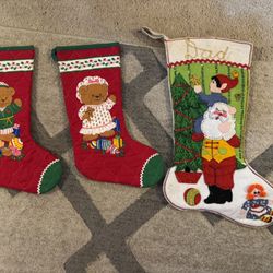 Vintage Boy / Girl Bear Christmas Stockings - Red Ribbon with Jingle Bells