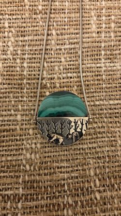 Beautiful Great Falls Metal Works sterling silver Malachite with two bears in a Forest Pendant Necklace