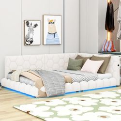 🔥🔥Full Size Teddy Plush Platform Bed USB Ports LED Belt,No Box Spring Required, 400lb limit, White