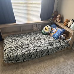 Twin Daybed Frame w/ Storage Shelf – Modern Wood Finish
