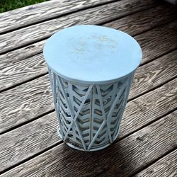 White nesting tables 18 20 and 22 inches tall white metal with a 12 inch top round