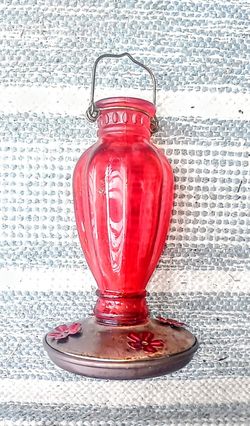 Red Glass And Metal Hummingbird Feeder