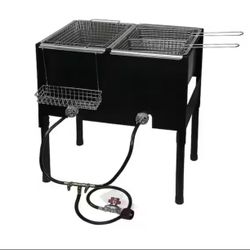 17.5 qt. Portable LPG Propane Dual Burner Deep Fryer Outdoor Cooker Station with Triple Fry Baskets