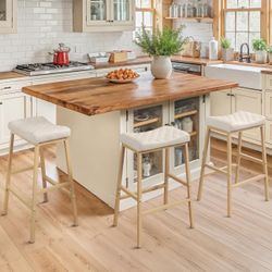 Counter Height Bar Stools Set of 3, Barstools with Thick PU Leather Saddle Seat & Sand Metal Legs,24Inch Kitchen Counter Stools,Lvory White (AB35)