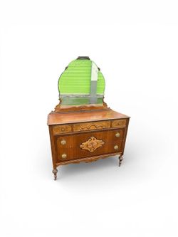 NY: Antique Victorian Walnut Dresser with Carved Details & Mirror