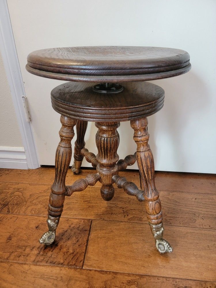 Vintage Wooden Piano Spinning Stool Adjustable W Claw Glass Feet