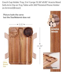 Acacia Wood Couch Arm Tray 3-in-1 w/ Phone Holder 15.36x9.85"