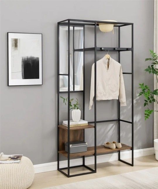 70" Modern Wood Hall Tree with Mirror - Rustic Oak(New In A Box)