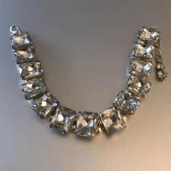 Vintage Emerald cut Rhinestone Silver Bead Bracelet 