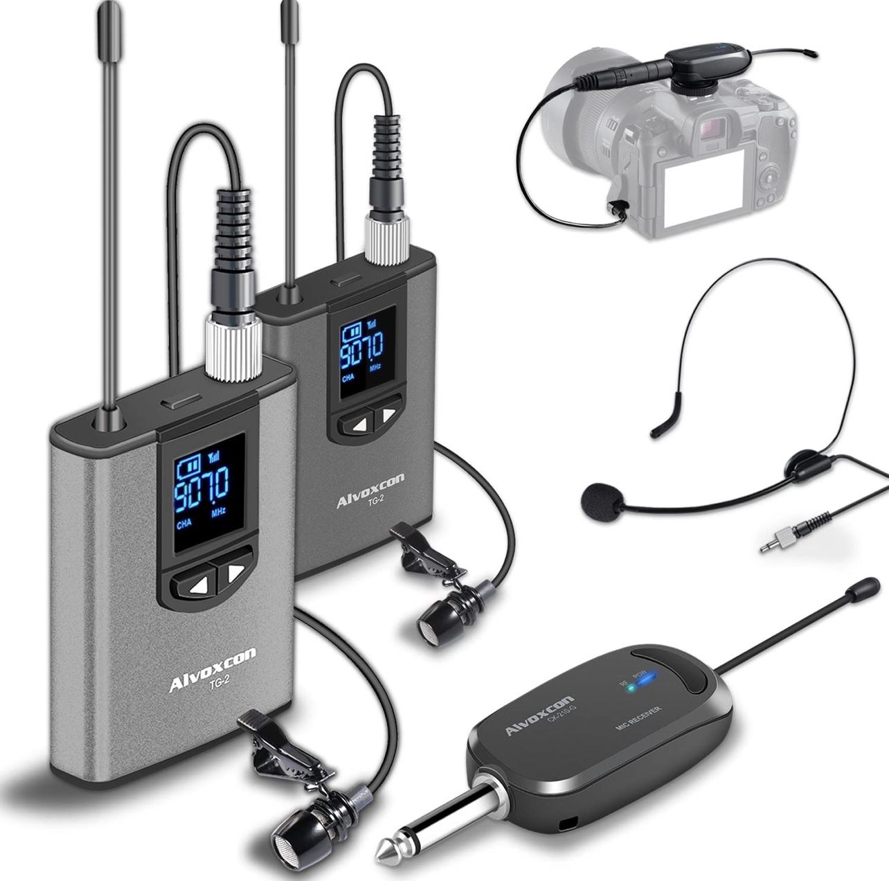 Wireless Headset Lavalier Microphone System -Alvoxcon Dual Wireless Lapel Mic for iPhone, DSLR Camera, PA Speaker, YouTube, Podcast, Video Recording, 