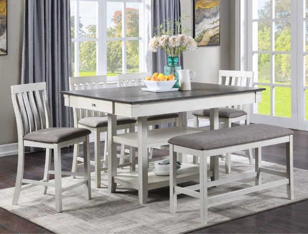 KITCHEN DINING TABLE SET CHALK WHITE/ GRAY 6 PIECE COUNTER HEIGHT DINING TABLE SET BENCH OPEN STORAGE - COMEDOR ALTO