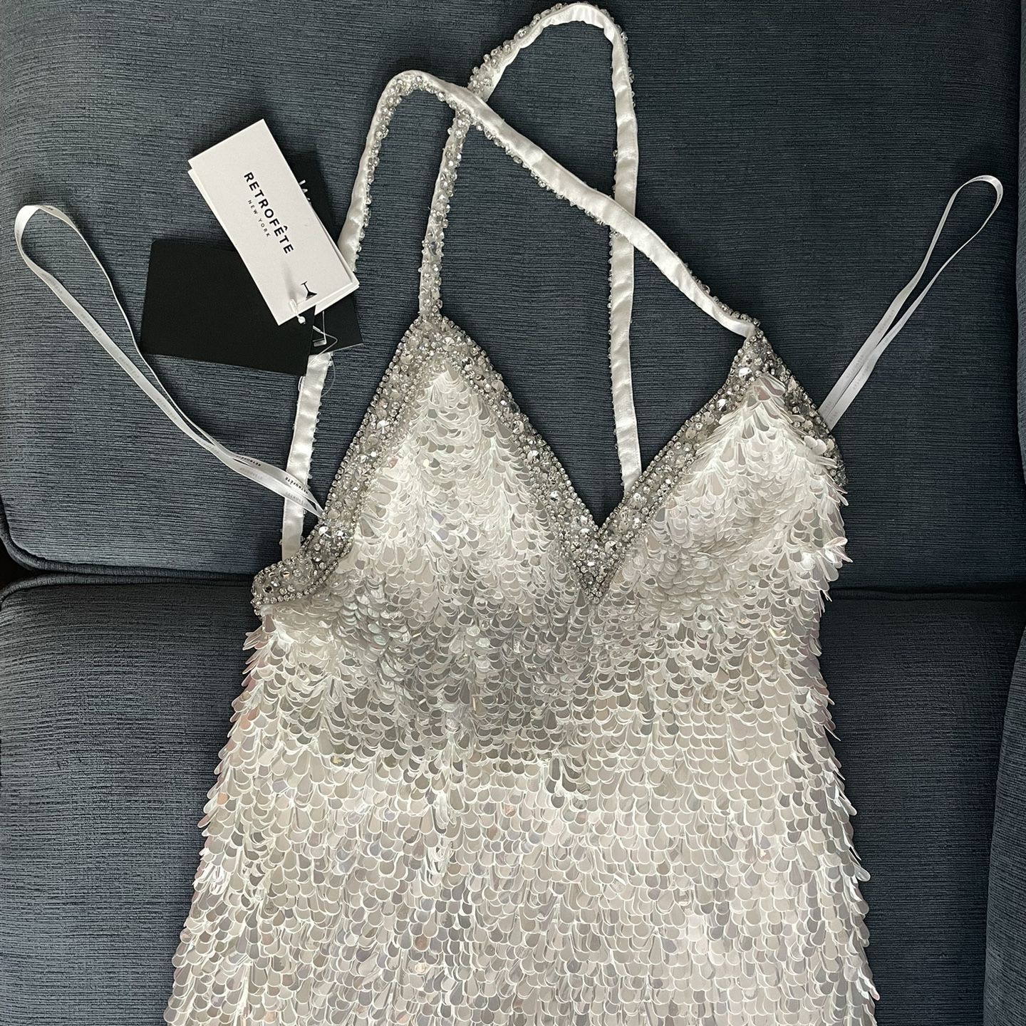 retrofete silver mini dress NWT NEW Womens Retrofete Sirena Silver Feather Sequin Mini Dress Size Small