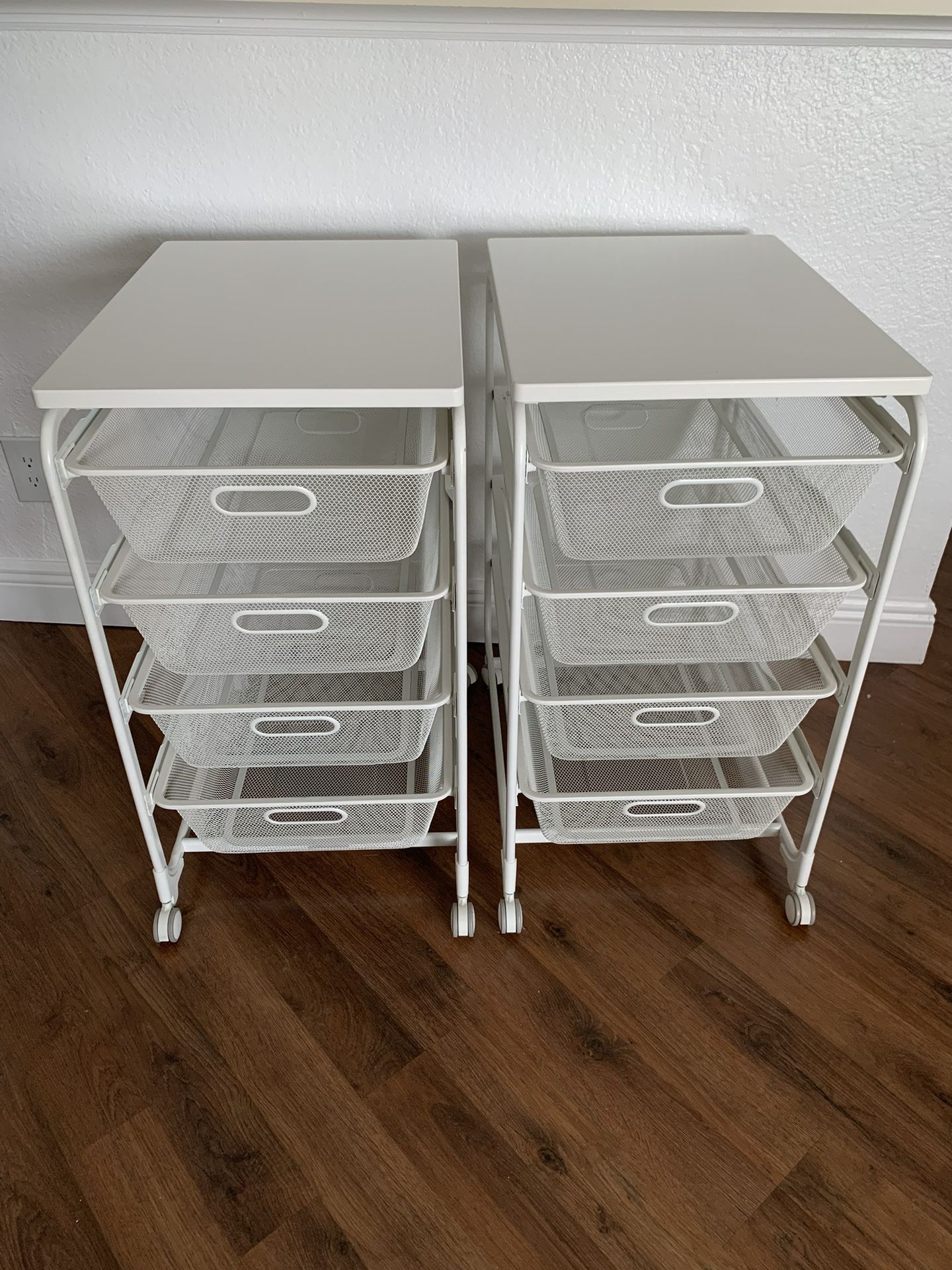 2-(two) Ikea ALGOT mesh drawers unit - metal frame and 4 metal basket with a bench top and wheels .