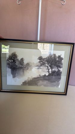 Framed Black and White Watercolor Landscape Art