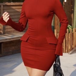 Premium Red Bodycon Dress – Structured Waist, Long Sleeves 
