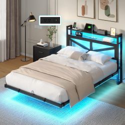 YITAHOME Full Size Floating Bed Frame with USB Charging Station Storage Headboard and with Led Light, Heavy Duty Metal Platform Bed Frame, No Box Spri