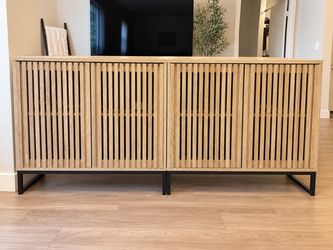 2-Piece Modern Slatted Wood Storage Cabinet / Sideboard Set