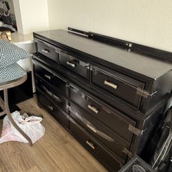 Large Black Wooden Dresser w/ Vanity Mirror – 9 Drawers