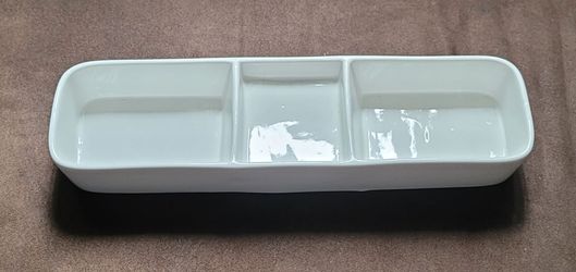White ceramic three-compartment divided serving dish from the White Essentials line by Home Essentials and Beyond