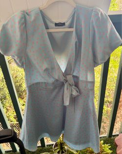 Light Blue Polka Dot Wrap Mini Dress