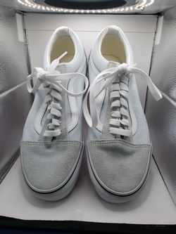 Size 7.0 pair of light blue and grey Vans Old Skool low-top sneakers