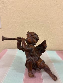 Hand-Carved Wooden Cherub Figurine - 6.75” Tall
