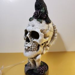 LED Illuminated Color Changing Resin Skull In Skeleton Hand With Crow Roses New