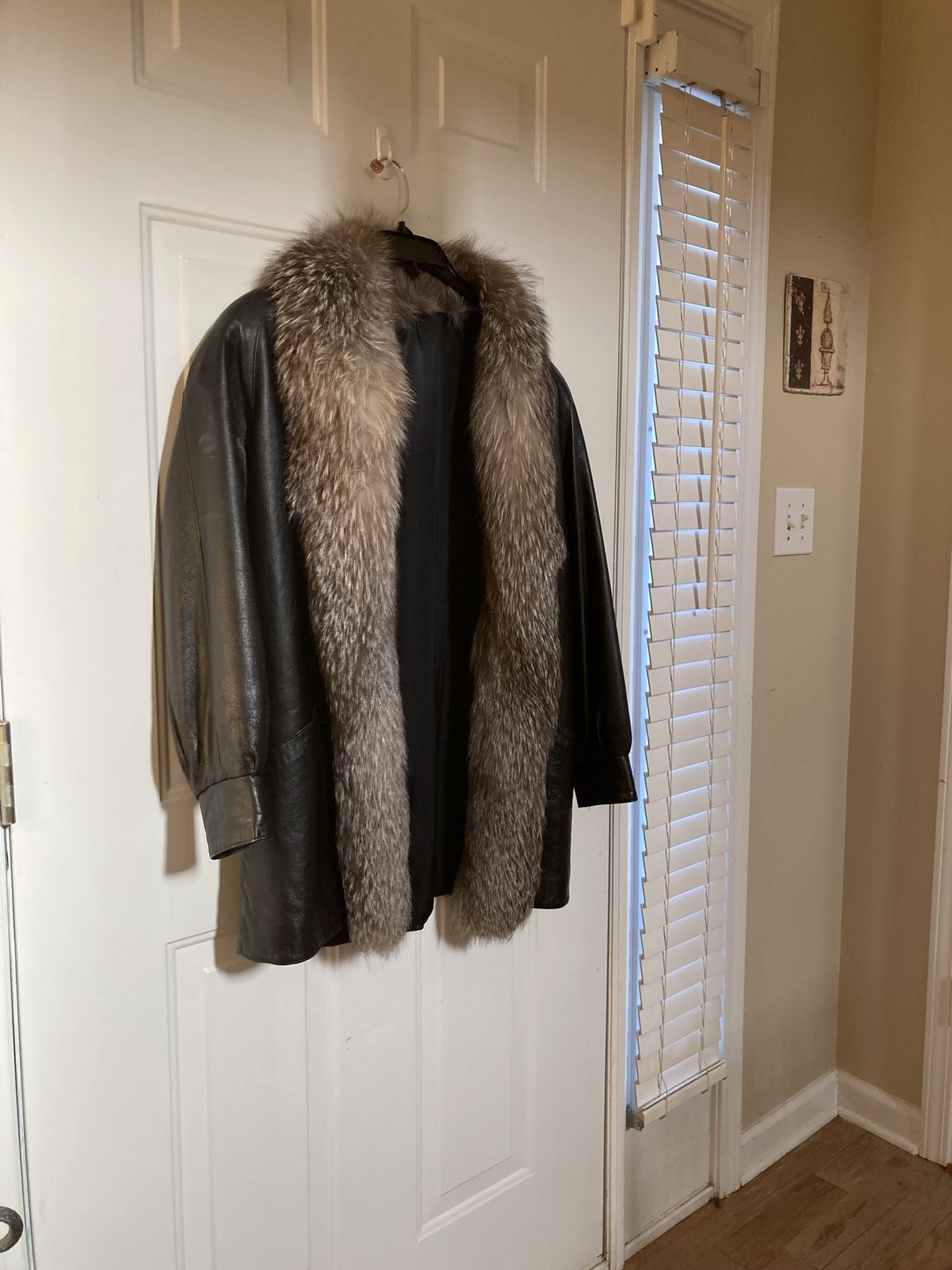 Leather Coat With Silver Fox Shawl Collar